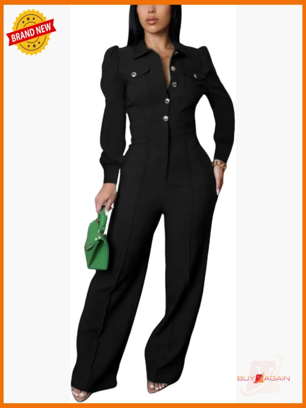 Women's Elegant Wide Leg Jumpsuit Pants Button Mock Neck Puff Sleeve Slim Fit